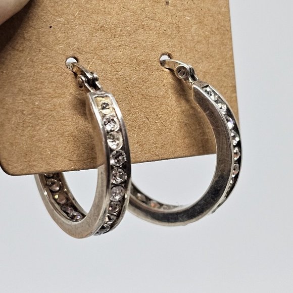 925 STERLING SILVER - Shiny Crystal Round Hoop Earrings - Picture 10 of 12